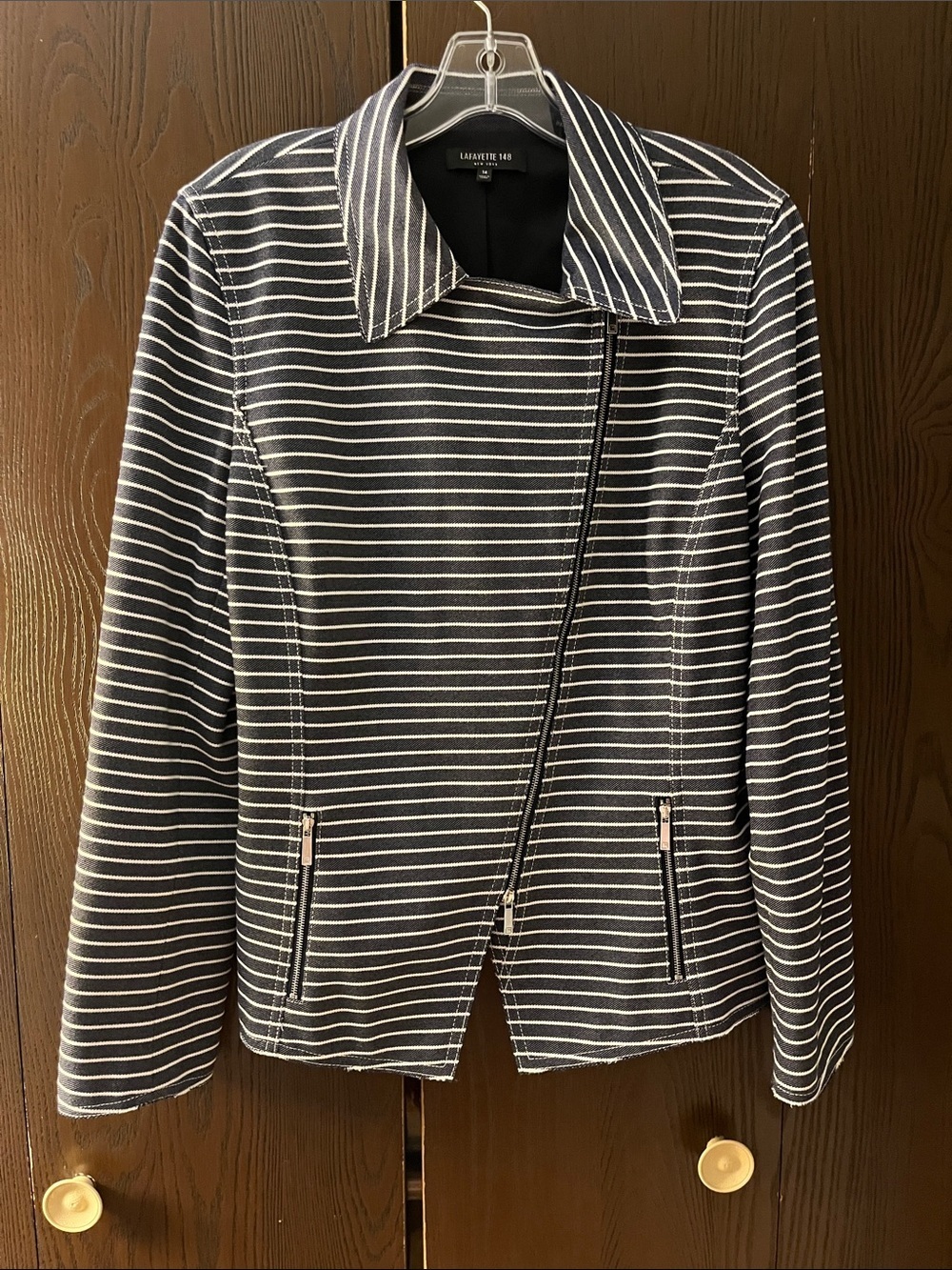 Layfayette 148 New York long sleeved black/ white striped jacket. Size 14.